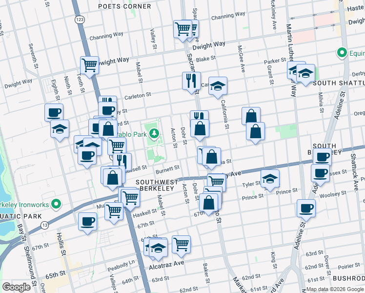map of restaurants, bars, coffee shops, grocery stores, and more near 2804 Dohr Street in Berkeley