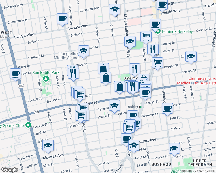 map of restaurants, bars, coffee shops, grocery stores, and more near in Berkeley