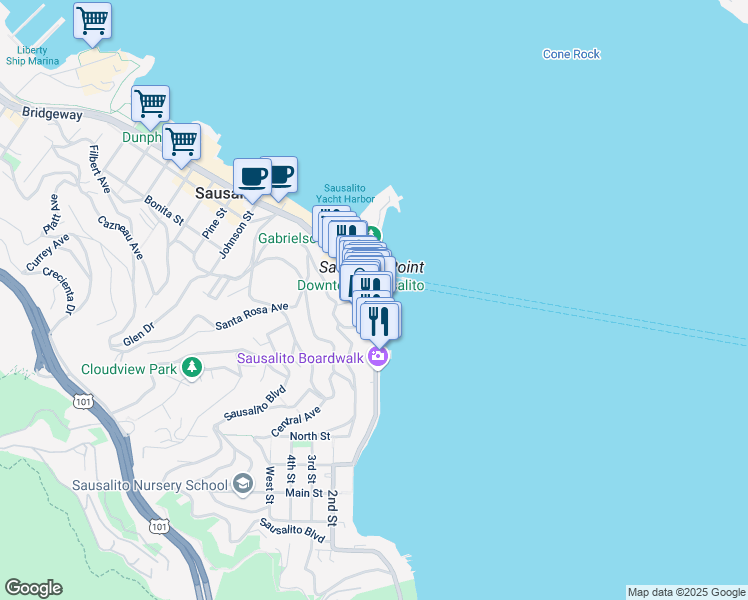 map of restaurants, bars, coffee shops, grocery stores, and more near 690 Bridgeway in Sausalito