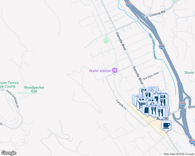 map of restaurants, bars, coffee shops, grocery stores, and more near 1666 Ridgewood Road in Alamo