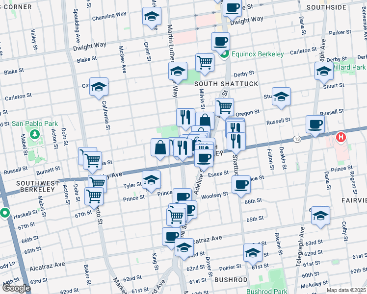 map of restaurants, bars, coffee shops, grocery stores, and more near 2917 Martin Luther King Junior Way in Berkeley