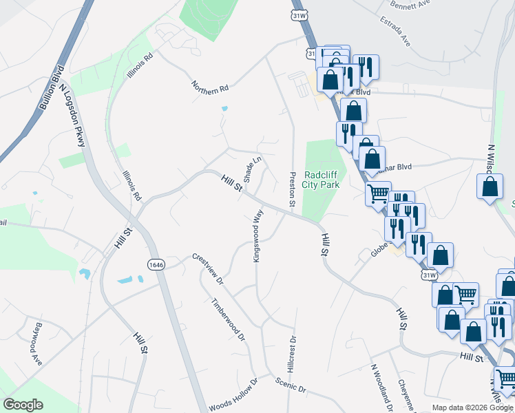 map of restaurants, bars, coffee shops, grocery stores, and more near 1430 Hill Street in Radcliff