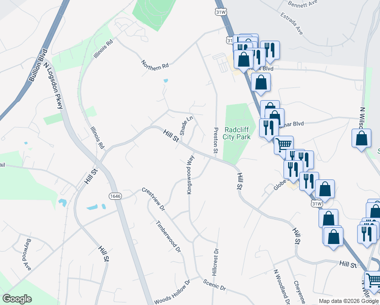 map of restaurants, bars, coffee shops, grocery stores, and more near 1430 Hill Street in Radcliff