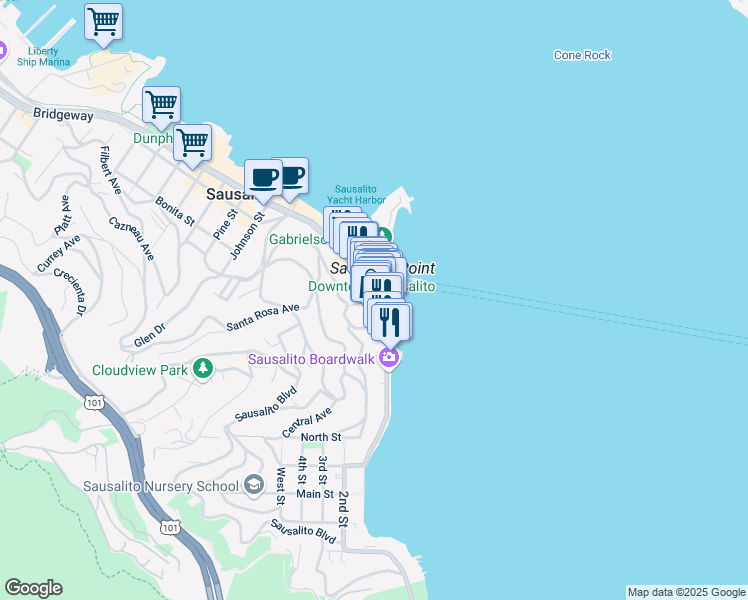 map of restaurants, bars, coffee shops, grocery stores, and more near 690 Bridgeway in Sausalito