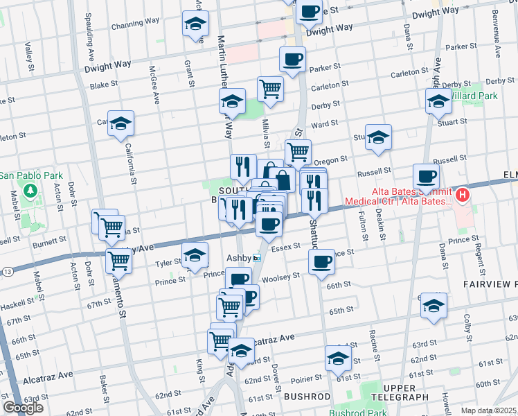 map of restaurants, bars, coffee shops, grocery stores, and more near 2930 Adeline Street in Berkeley