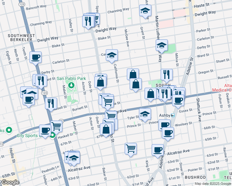 map of restaurants, bars, coffee shops, grocery stores, and more near 1525 Russell Street in Berkeley