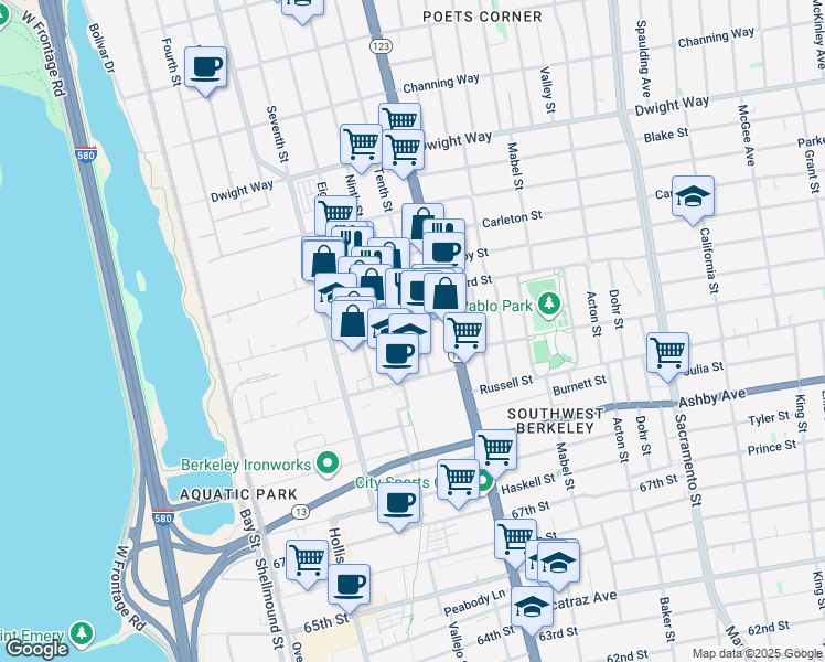map of restaurants, bars, coffee shops, grocery stores, and more near 2807 Tenth Street in Berkeley