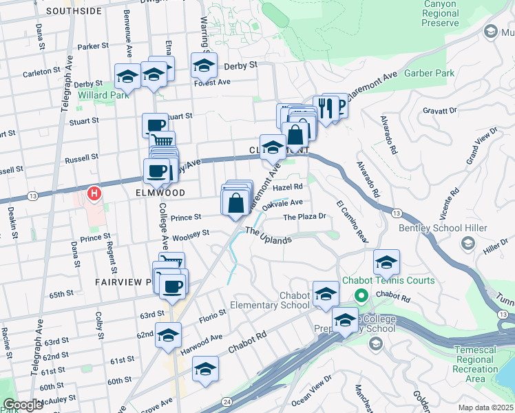 map of restaurants, bars, coffee shops, grocery stores, and more near 3 Oakvale Avenue in Berkeley