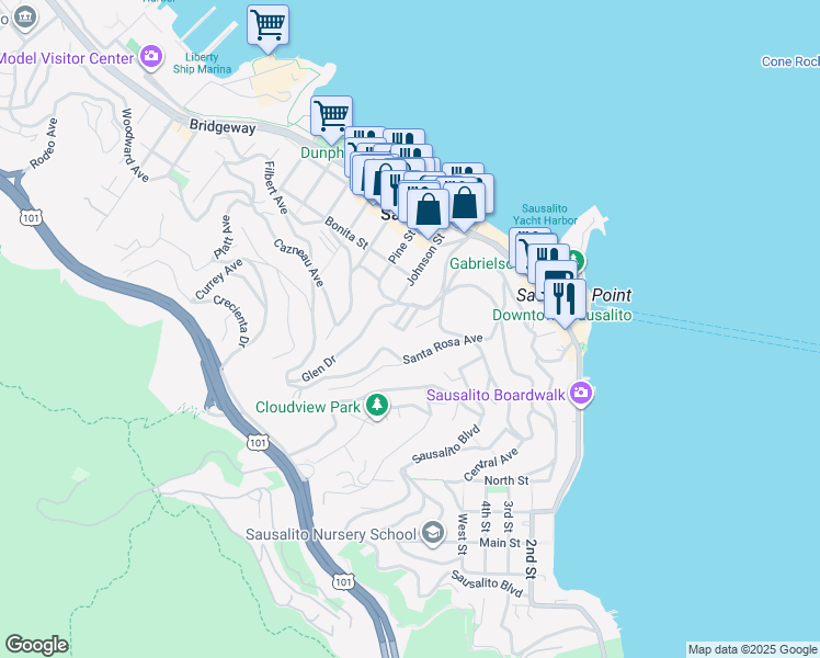 map of restaurants, bars, coffee shops, grocery stores, and more near 21 Glen Court in Sausalito