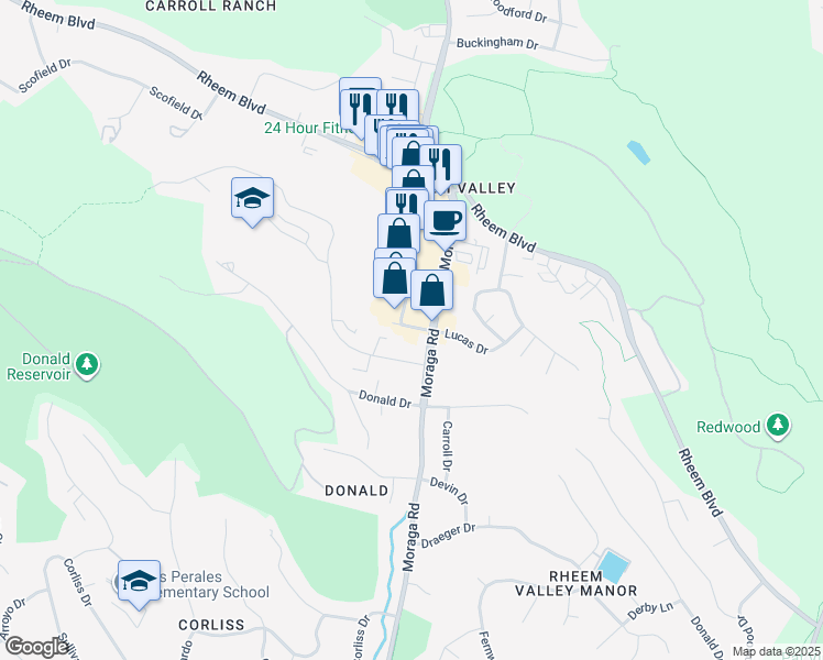 map of restaurants, bars, coffee shops, grocery stores, and more near 600 Center Street in Moraga