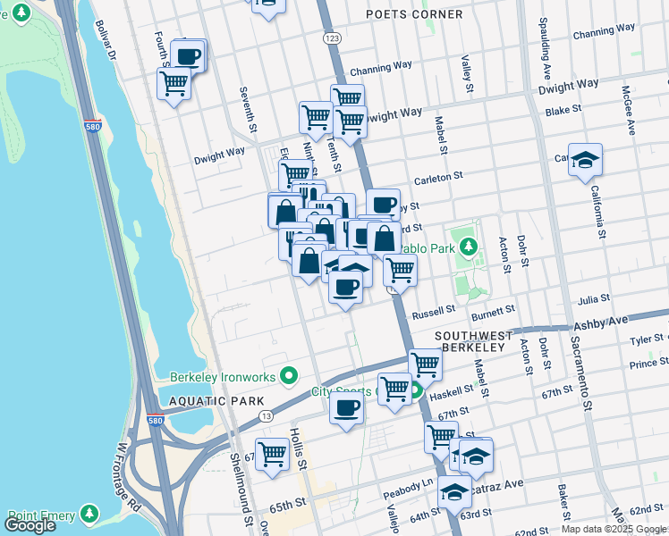 map of restaurants, bars, coffee shops, grocery stores, and more near 950 Grayson Street in Berkeley