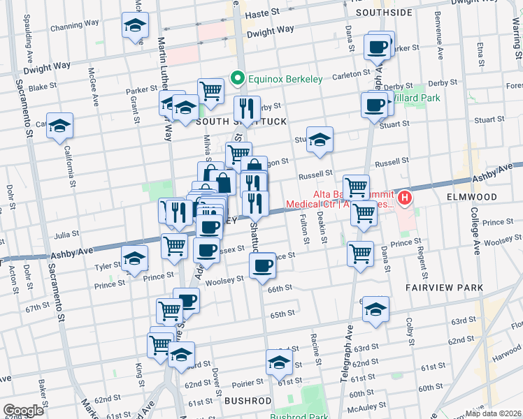 map of restaurants, bars, coffee shops, grocery stores, and more near 2999 Shattuck Avenue in Berkeley