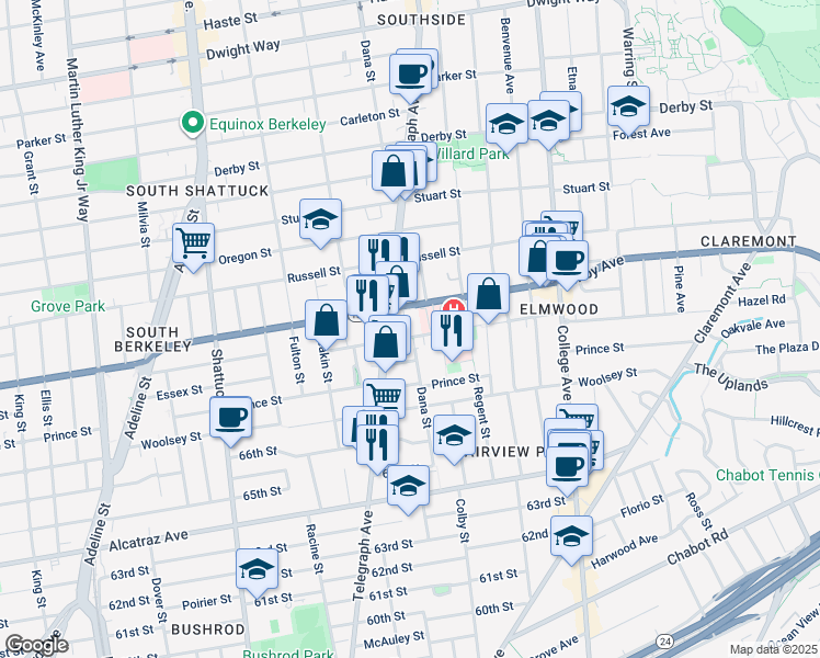 map of restaurants, bars, coffee shops, grocery stores, and more near 2417 Webster Street in Berkeley
