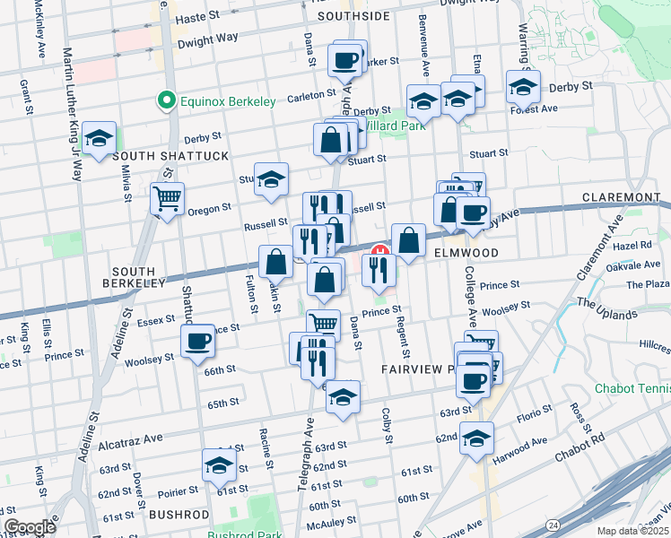 map of restaurants, bars, coffee shops, grocery stores, and more near 2415 Webster Street in Berkeley