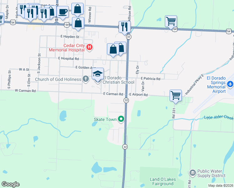map of restaurants, bars, coffee shops, grocery stores, and more near 1698 S Vernon St in El Dorado Springs