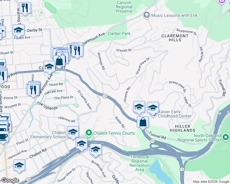 map of restaurants, bars, coffee shops, grocery stores, and more near 190 Alvarado Road in Berkeley