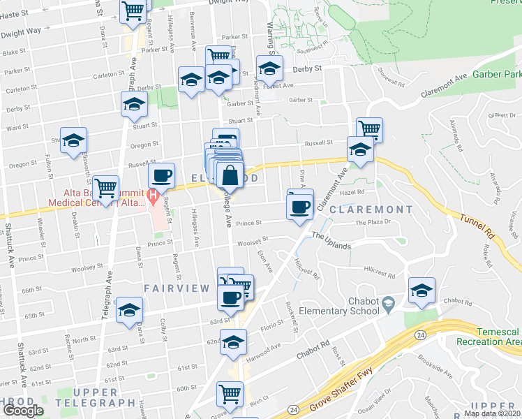 map of restaurants, bars, coffee shops, grocery stores, and more near 2728 Webster Street in Berkeley