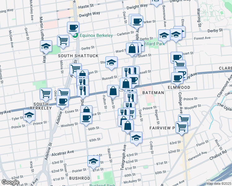 map of restaurants, bars, coffee shops, grocery stores, and more near 3009 Deakin Street in Berkeley