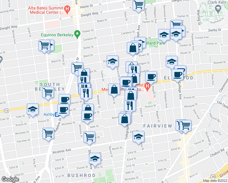 map of restaurants, bars, coffee shops, grocery stores, and more near 3009 Deakin Street in Berkeley