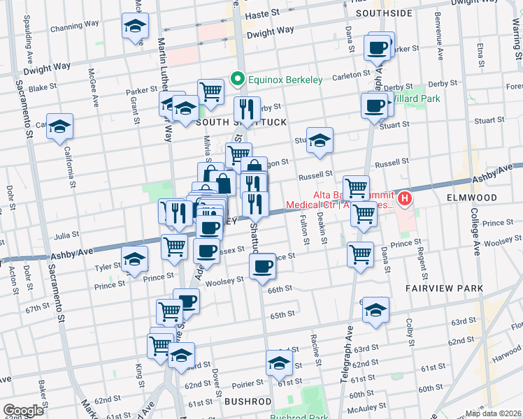map of restaurants, bars, coffee shops, grocery stores, and more near 2999 Shattuck Avenue in Berkeley