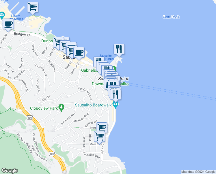 map of restaurants, bars, coffee shops, grocery stores, and more near 690 Bridgeway in Sausalito