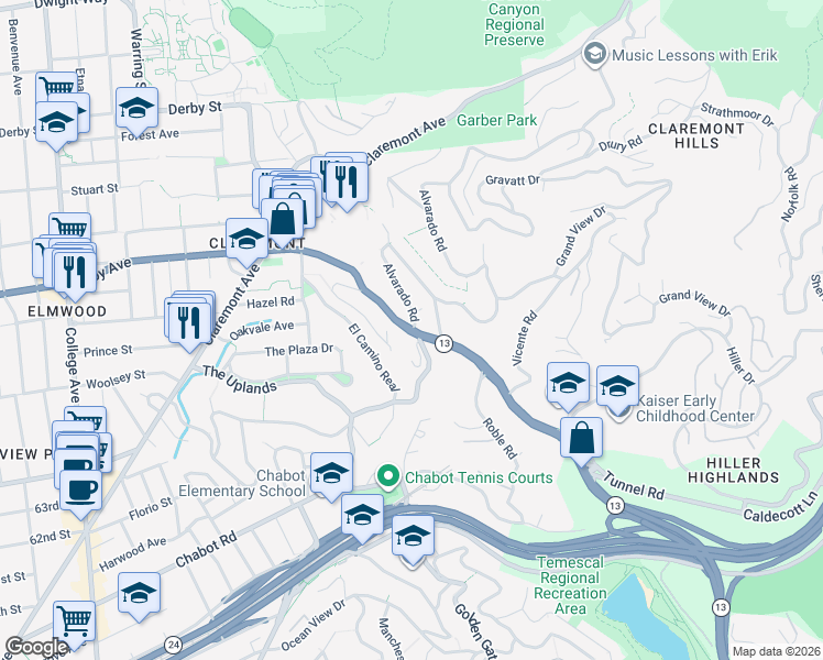 map of restaurants, bars, coffee shops, grocery stores, and more near 2 Alvarado Road in Berkeley
