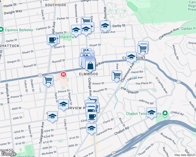 map of restaurants, bars, coffee shops, grocery stores, and more near 2728 Webster Street in Berkeley