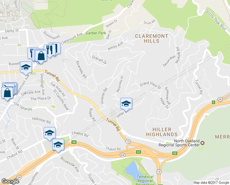 map of restaurants, bars, coffee shops, grocery stores, and more near 1490 Westview Drive in Berkeley