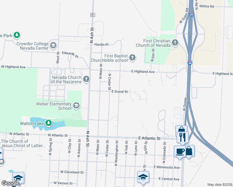 map of restaurants, bars, coffee shops, grocery stores, and more near 1621 North Washington Street in Nevada