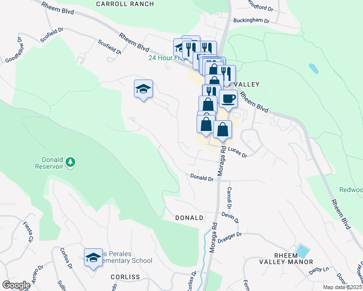 map of restaurants, bars, coffee shops, grocery stores, and more near 2067 Ascot Drive in Moraga
