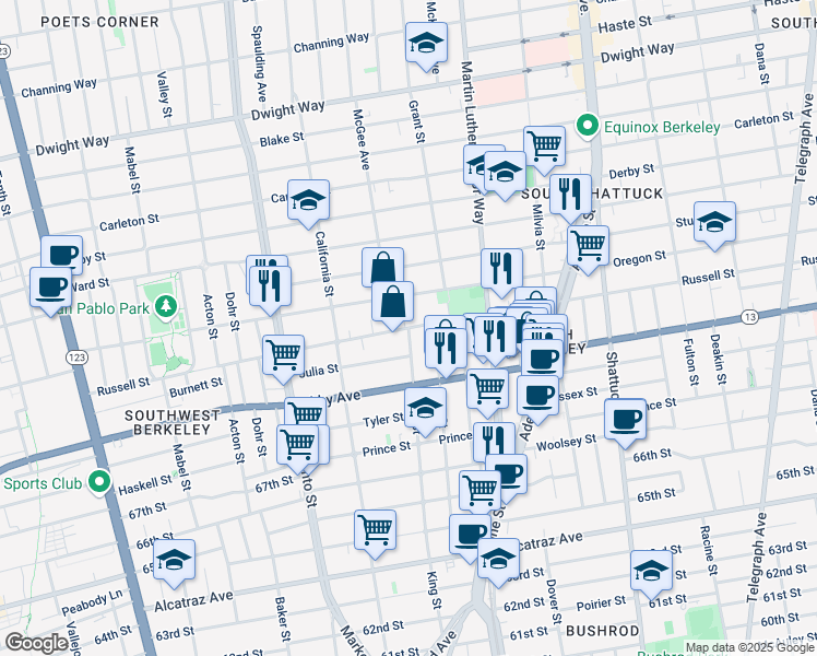 map of restaurants, bars, coffee shops, grocery stores, and more near Russell Street & King Street in Berkeley