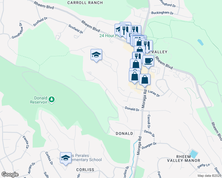map of restaurants, bars, coffee shops, grocery stores, and more near 2019 Donald Drive in Moraga