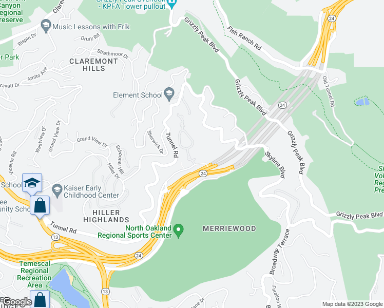 map of restaurants, bars, coffee shops, grocery stores, and more near 180 Caldecott Lane in Oakland