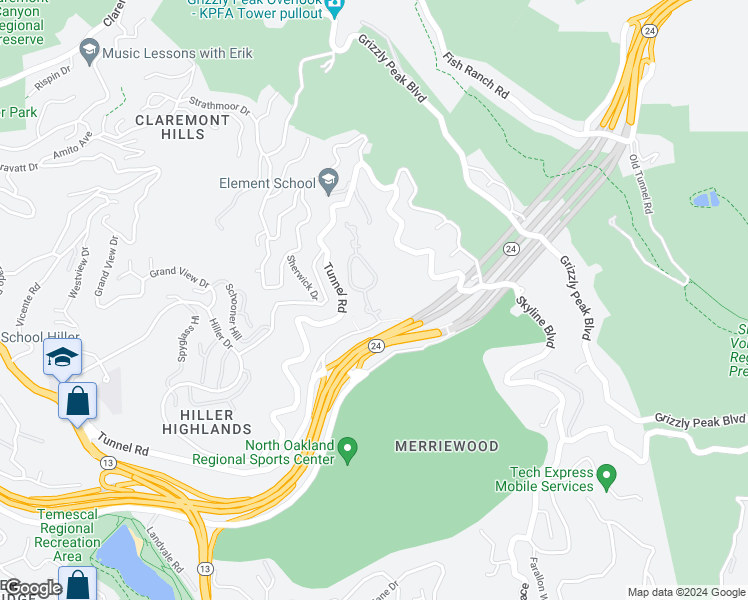 map of restaurants, bars, coffee shops, grocery stores, and more near 180 Caldecott Lane in Oakland