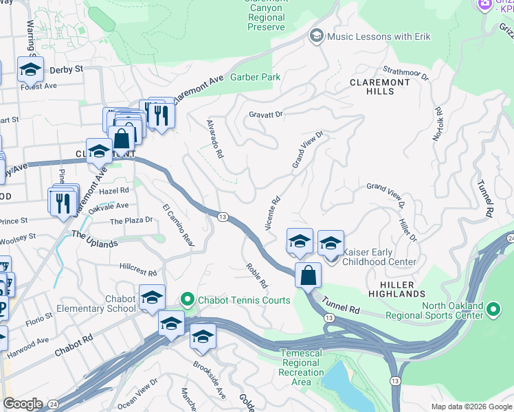 map of restaurants, bars, coffee shops, grocery stores, and more near 190 Alvarado Road in Berkeley