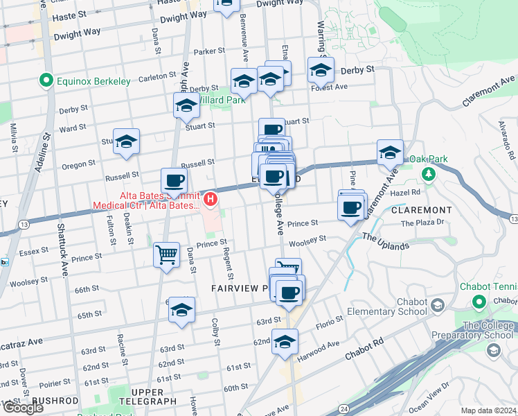 map of restaurants, bars, coffee shops, grocery stores, and more near 3011 Hillegass Avenue in Berkeley
