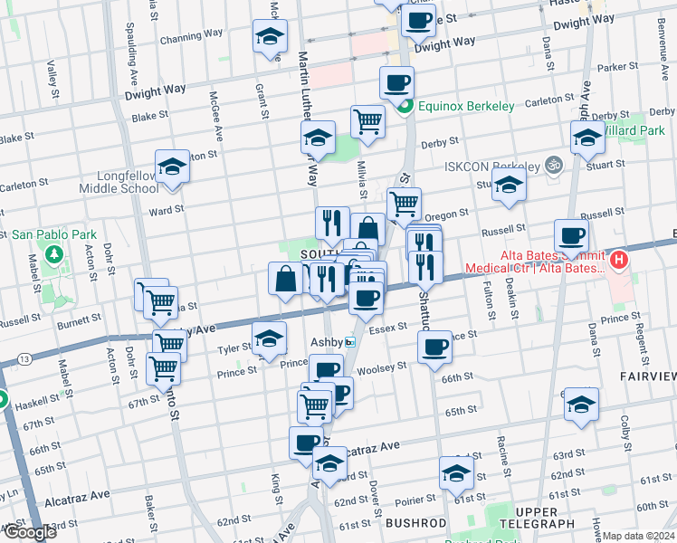 map of restaurants, bars, coffee shops, grocery stores, and more near 2917 Martin Luther King Junior Way in Berkeley