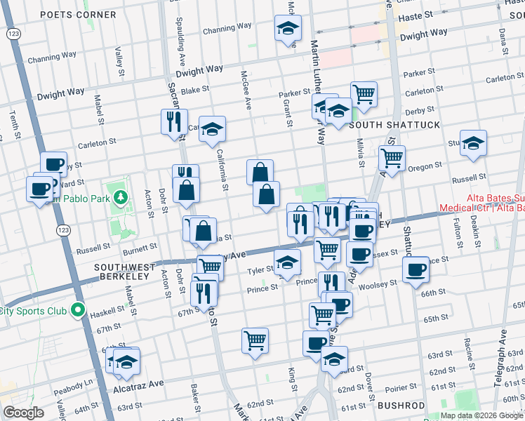 map of restaurants, bars, coffee shops, grocery stores, and more near 1638 Russell Street in Berkeley
