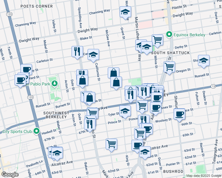 map of restaurants, bars, coffee shops, grocery stores, and more near 1638 Russell Street in Berkeley