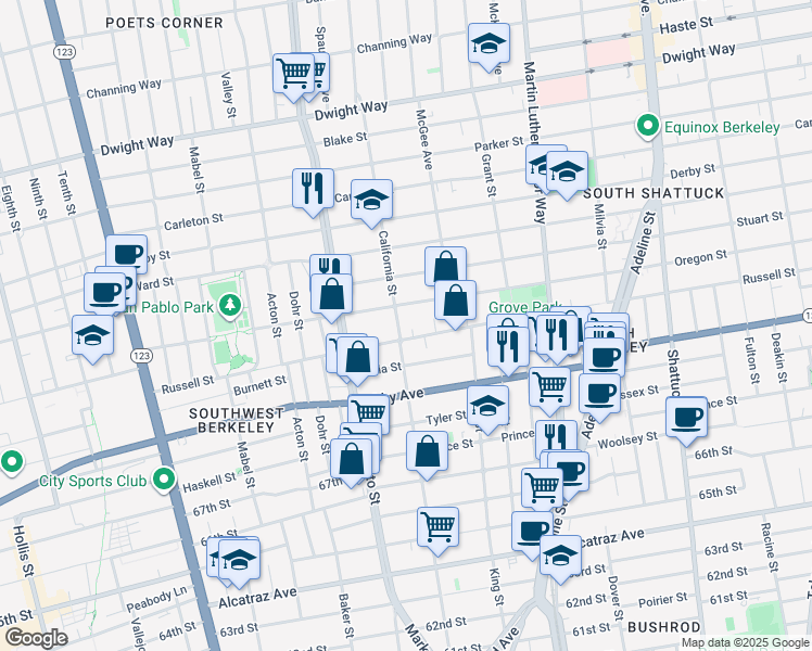 map of restaurants, bars, coffee shops, grocery stores, and more near 1603 Russell Street in Berkeley