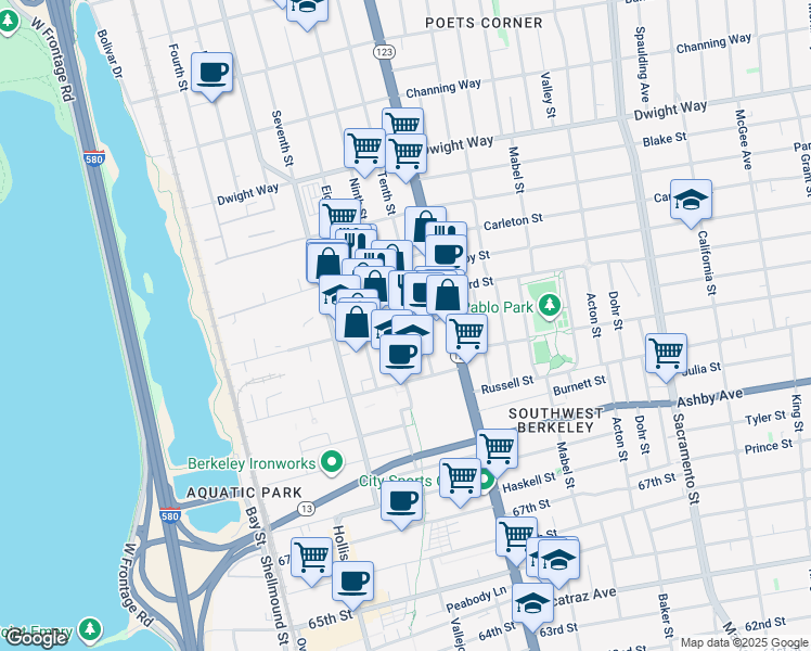 map of restaurants, bars, coffee shops, grocery stores, and more near 2807 Tenth Street in Berkeley