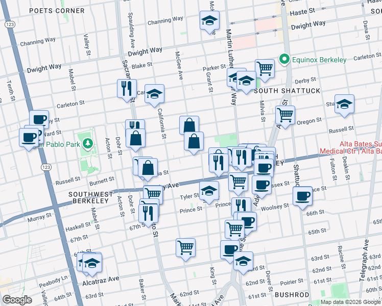 map of restaurants, bars, coffee shops, grocery stores, and more near 1638 Russell Street in Berkeley