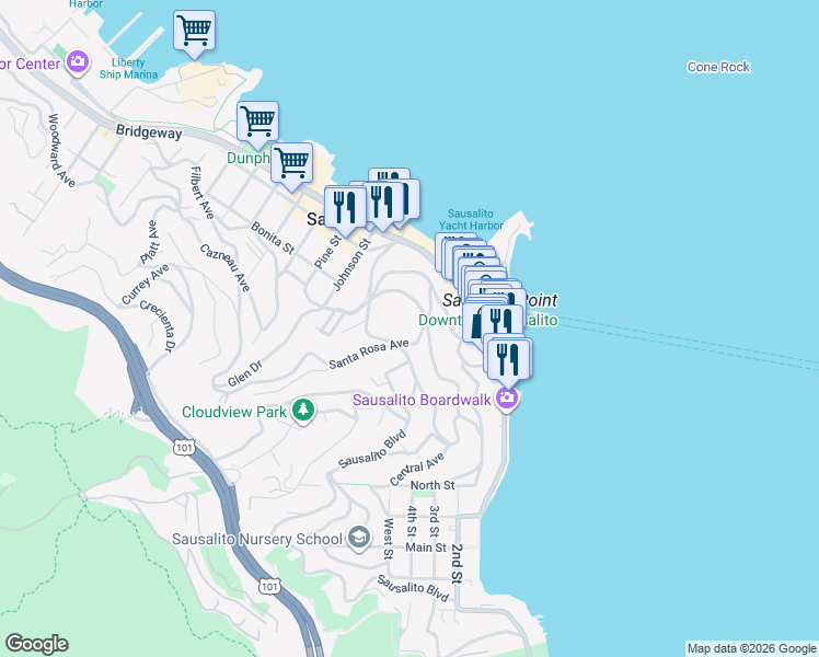 map of restaurants, bars, coffee shops, grocery stores, and more near 46 Santa Rosa Avenue in Sausalito