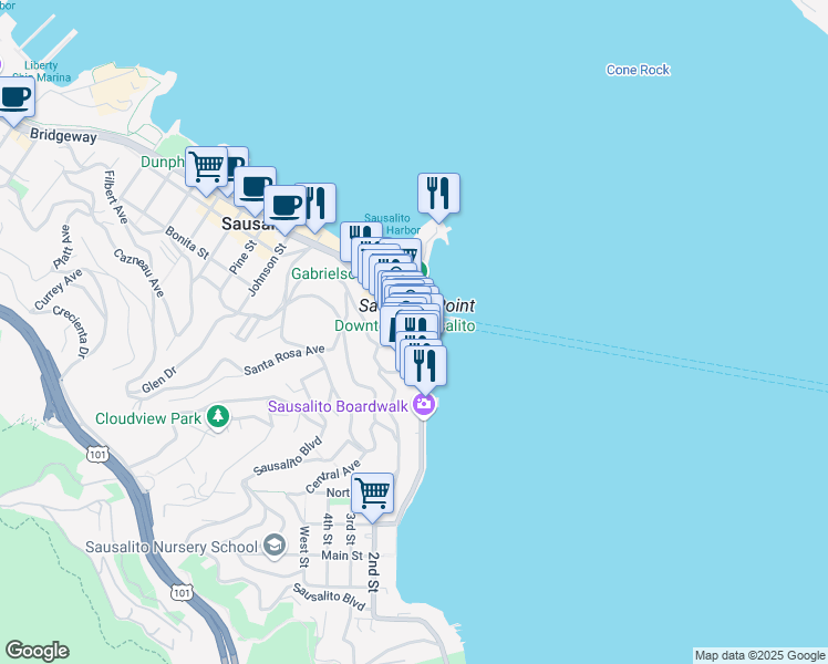 map of restaurants, bars, coffee shops, grocery stores, and more near 690 Bridgeway in Sausalito