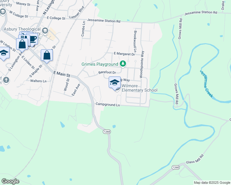 map of restaurants, bars, coffee shops, grocery stores, and more near 150 Campground Lane in Wilmore