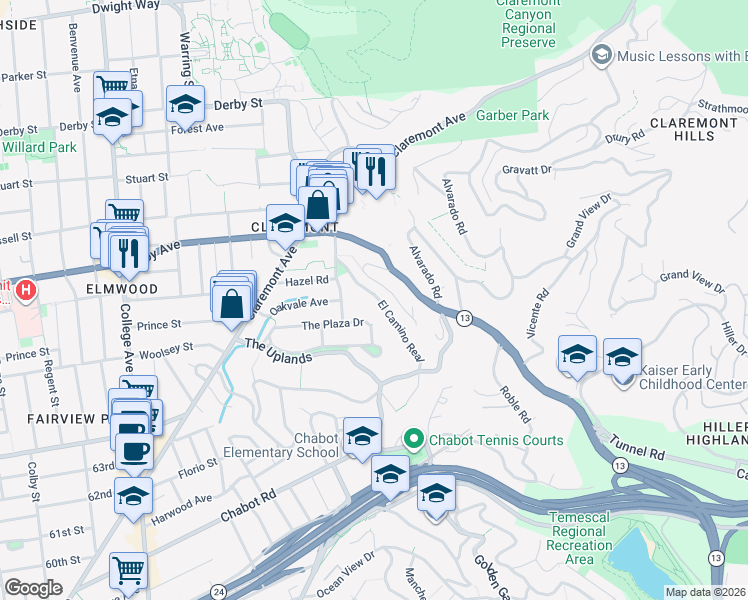map of restaurants, bars, coffee shops, grocery stores, and more near 50 El Camino Real in Berkeley