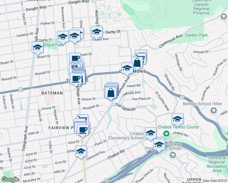 map of restaurants, bars, coffee shops, grocery stores, and more near 2839 Prince Street in Berkeley