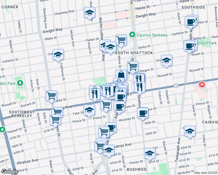 map of restaurants, bars, coffee shops, grocery stores, and more near 2917 Martin Luther King Junior Way in Berkeley
