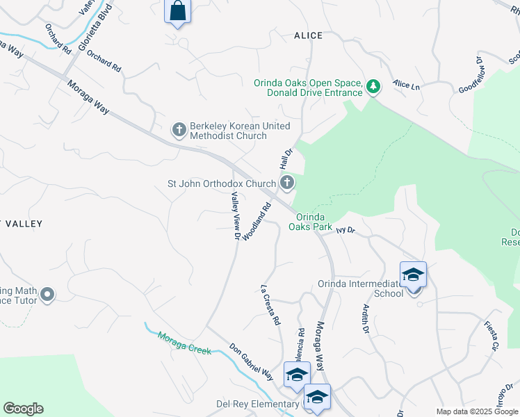 map of restaurants, bars, coffee shops, grocery stores, and more near 8 Woodland Road in Orinda