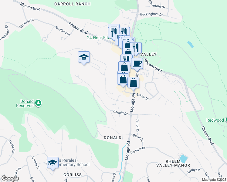 map of restaurants, bars, coffee shops, grocery stores, and more near 2075 Ascot Drive in Moraga